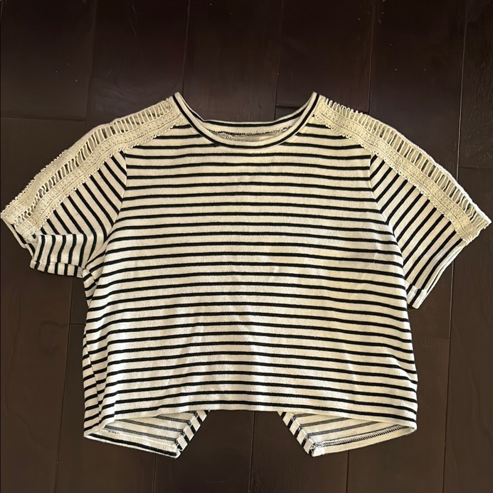 RACHEL Rachel Roy Striped Black and White Top with Lace Sleeves